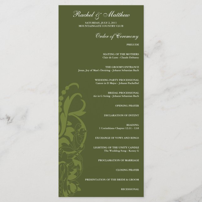 Programa de Casamento Floral de Olive Green (Frente)