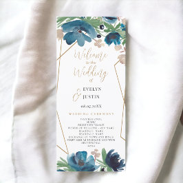 Programa de Casamento Floral de Ouro Azul Elegante