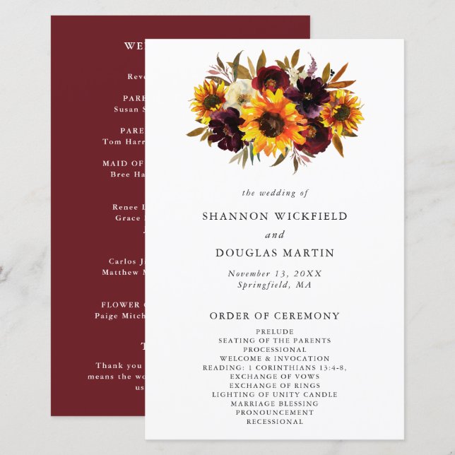 Programa de Casamento Floral de Outono com Girassó (Frente/Verso)