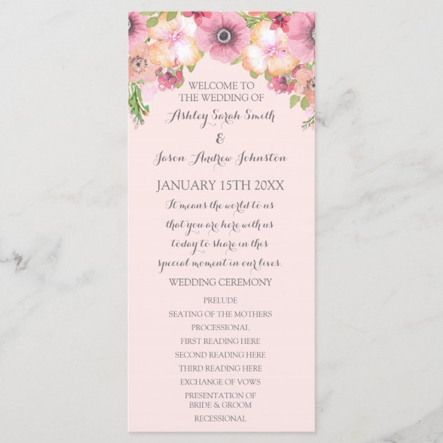 Programa de Casamento Floral de Pastel Rosa Blush (Frente)