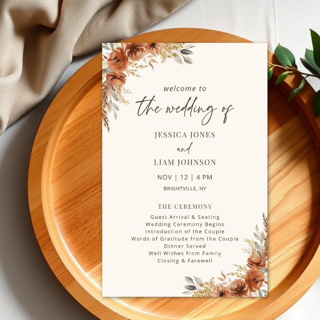 Programa de Casamento Floral de Terracotta Rust (Terracotta Rust Fall Floral Wedding Program)