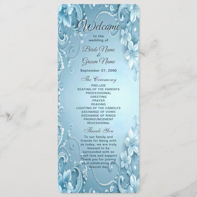 Programa de Casamento Floral Decorativo Azul (Frente)