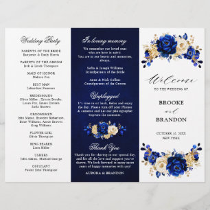 Programa de Casamento Floral Dourado Amarelo Azul 