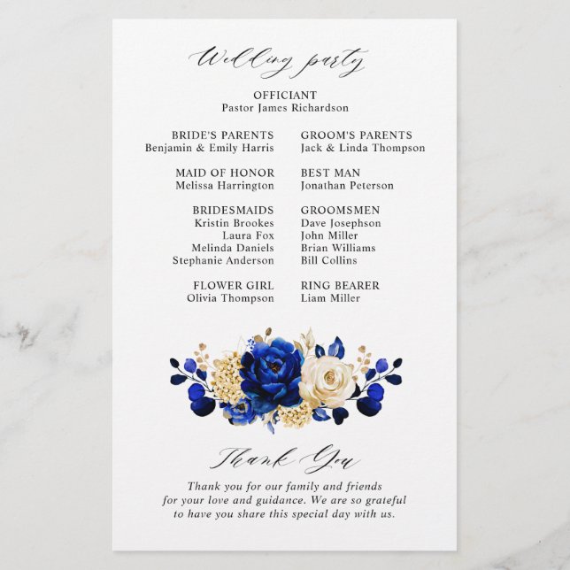 Programa de Casamento Floral Dourado Amarelo Azul  (Verso)