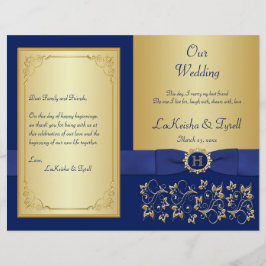 Programa de Casamento Floral Dourado, Azul Monogra
