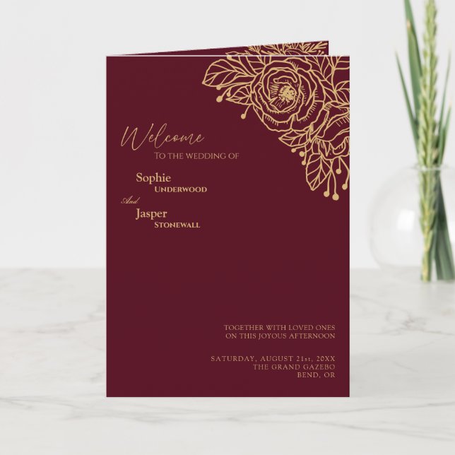 Programa de Casamento Floral Dourado Burgundy (Frente)