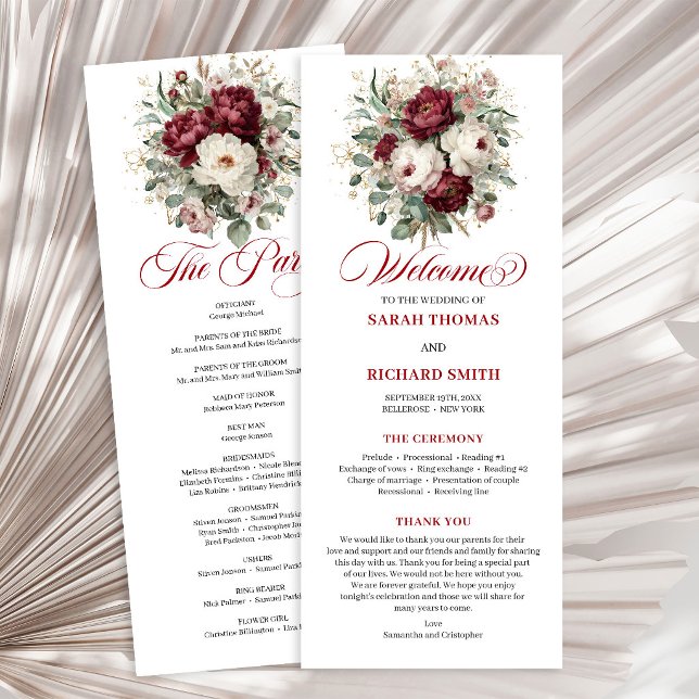 Programa de Casamento Floral Dourado Burgundy Glam (Glam Blush Burgundy Gold Floral Wedding Program)