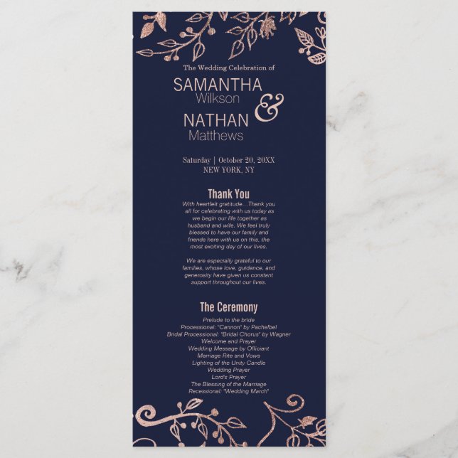 Programa de Casamento Floral Dourado do Rosa Azul  (Frente)