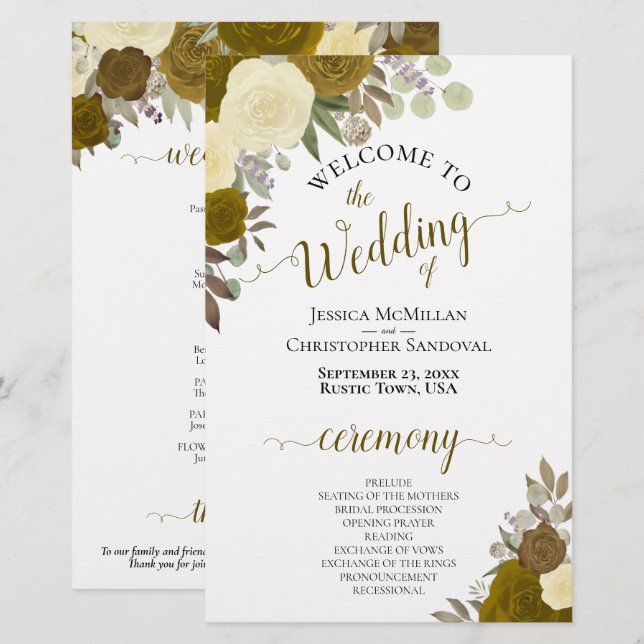 Programa de Casamento Floral Dourado e Amarelo Eco (Frente/Verso)