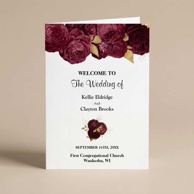 Programa de Casamento Floral Dourado e Borgonha Do (Criador carregado)