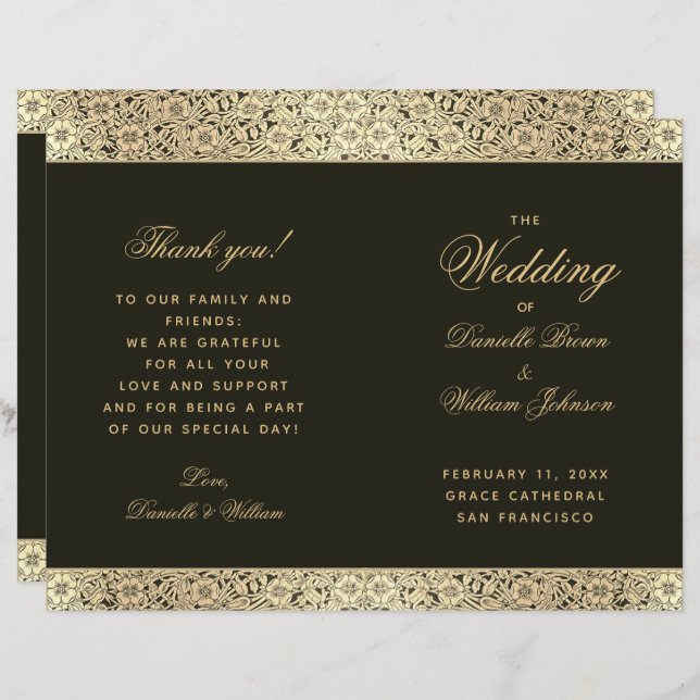 Programa de Casamento Floral Dourado Elegante Vint (Frente/Verso)