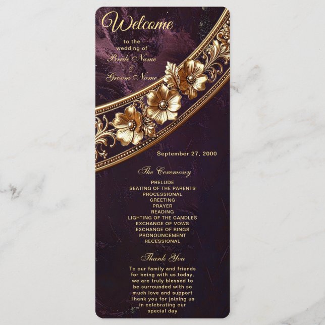 Programa de Casamento Floral Dourado Ornamentado (Frente)
