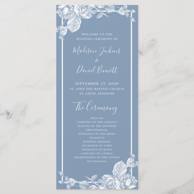 Programa de Casamento Floral Dusty Blue (Frente)
