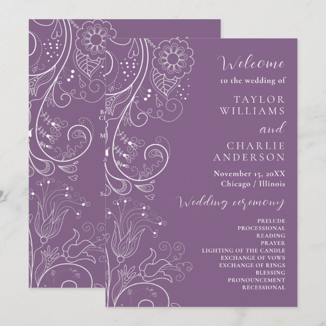 Programa de Casamento Floral Elegante Dusty Purple (Frente/Verso)