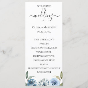 Programa de Casamento Floral em Aquarela Azul Empo