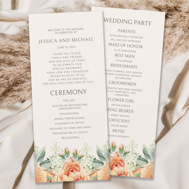 Programa de Casamento Floral em Aquarela com Creme (Peach and cream-colored watercolor floral wedding program)