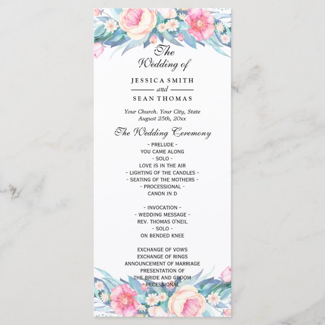 Programa de Casamento Floral em Aquarela Elegante (Frente)