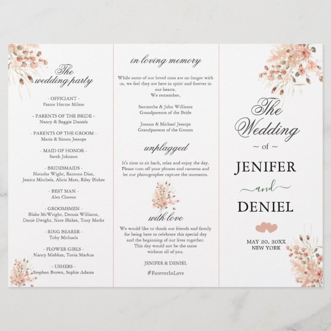Programa de Casamento Floral em Aquarela Seca Boho (Frente)