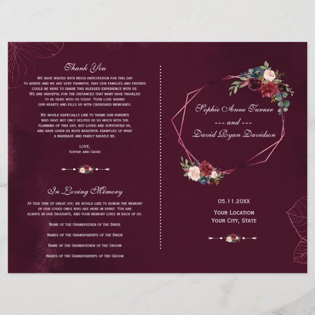 Programa de Casamento Floral Geométrico Burgundy R (Frente)