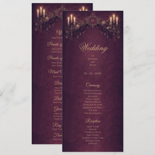 Programa de Casamento Floral Gótico Elegante de Ha (Frente/Verso)