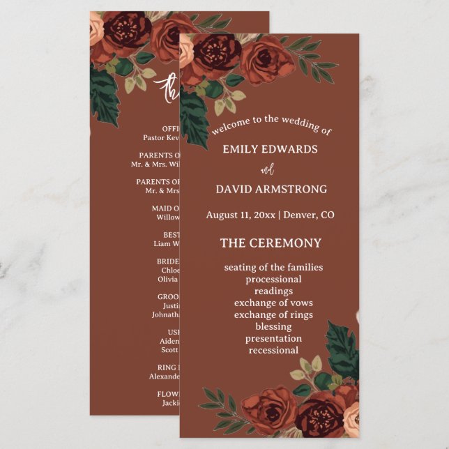Programa de Casamento Floral Jardim Romântico Rust (Frente/Verso)