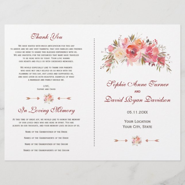 Programa de Casamento Floral Marsala Borgonha com  (Frente)