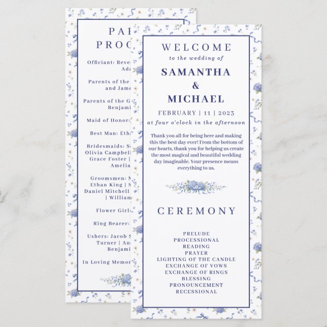 Programa de Casamento Floral Minúsculo Flores Azul (Frente/Verso)