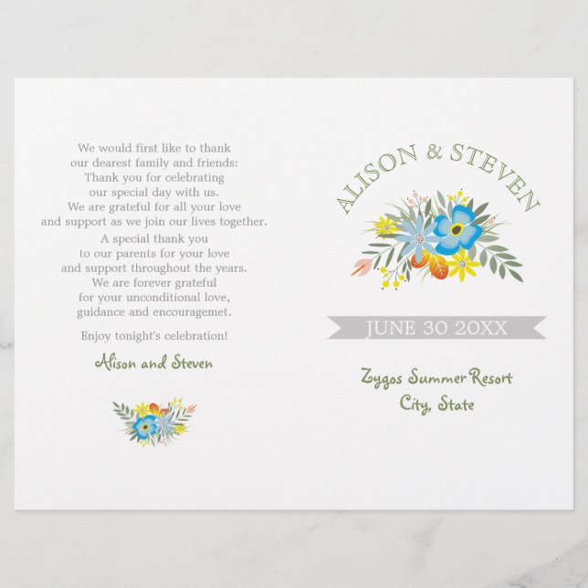 Programa de casamento floral moderno de flores azu (Frente)