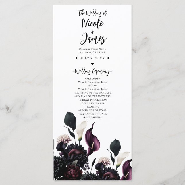 Programa de Casamento Floral Romântico Sombrio e T (Frente)