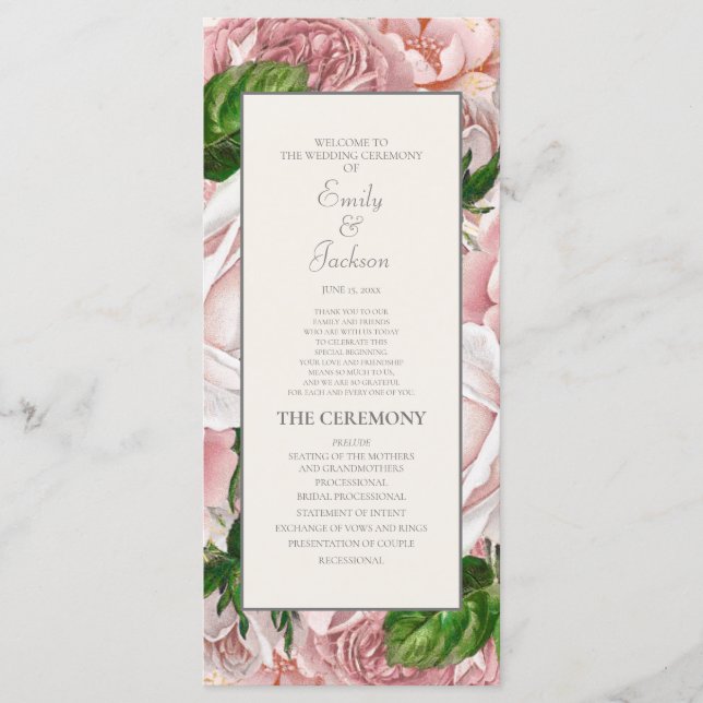 Programa de Casamento Floral Rosa Bege Elegante (Frente)