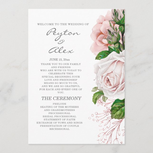 Programa de Casamento Floral Rosa Elegante Branco (Frente)