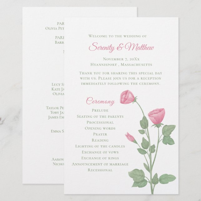 Programa de Casamento Floral Rosa Jardim de Flores (Frente/Verso)