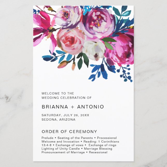 Programa de Casamento Floral Rosa Moderno e Elegan (Frente)