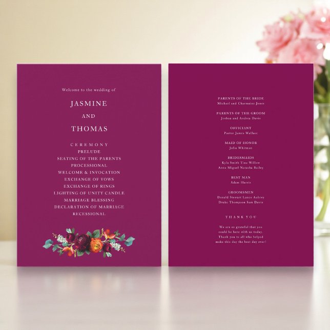 Programa de Casamento Floral Rosa Profundo Elegant (Criador carregado)