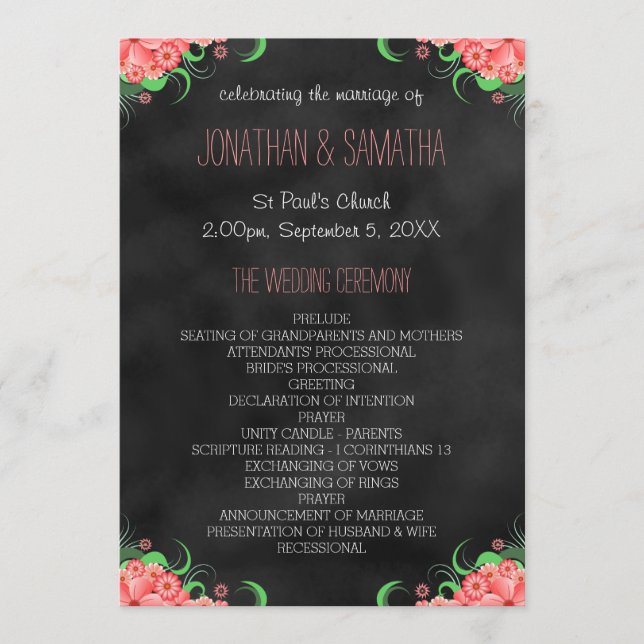 Programa de Casamento Floral Rosa-Rosa-Chalkboard  (Frente)