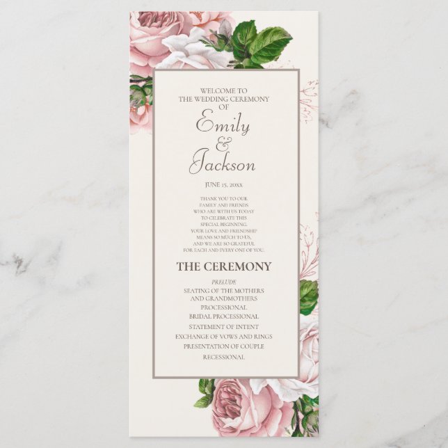 Programa de Casamento Floral Rosa Vintage Creme (Frente)