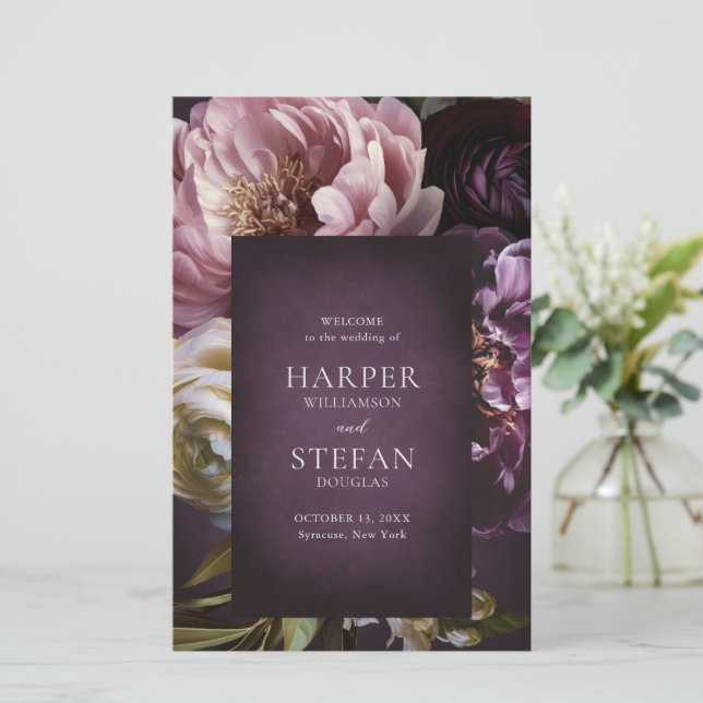 Programa de Casamento Floral Roxo Maximalista Eleg (Em pé/Frente)