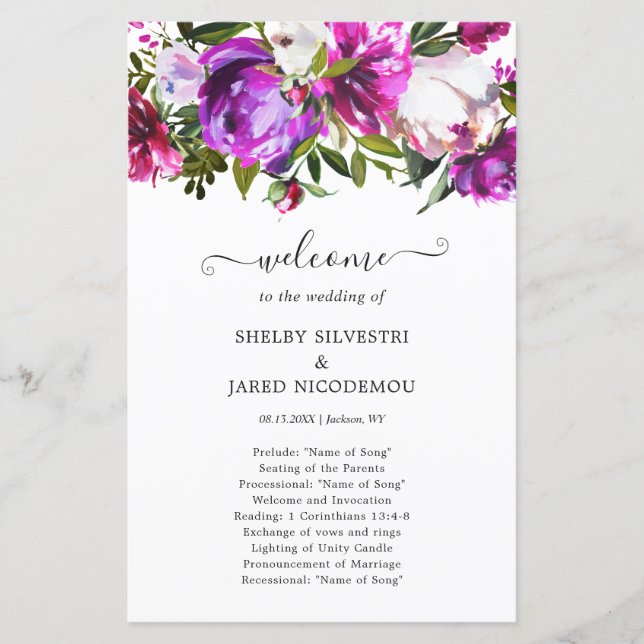 Programa de Casamento Floral Roxo Vibrante Elegant (Frente)