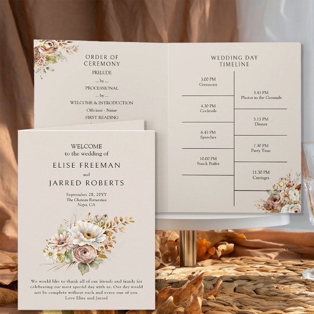 Programa de Casamento Floral Rústico Marrom País (Wedding Program from the Rustic Floral Brown Neutral Wedding Collection by Darling & May)