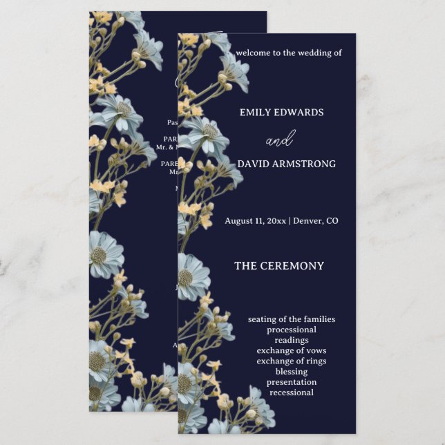 Programa de Casamento Floral Simples Moderno Azul- (Frente/Verso)