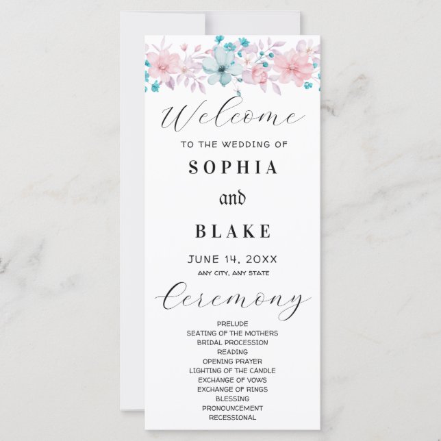 Programa de Casamento Floral Simples Rosa e Azul (Frente)