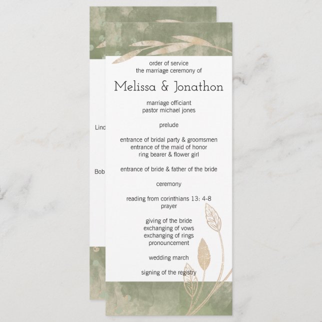 Programa de Casamento Floral Verde Dourado Sage (Frente/Verso)
