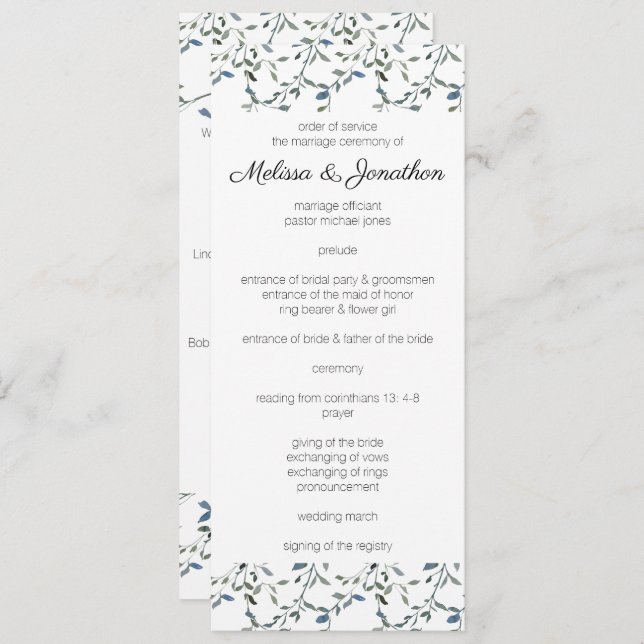 Programa de Casamento Floral Verde Sage Silver (Frente/Verso)
