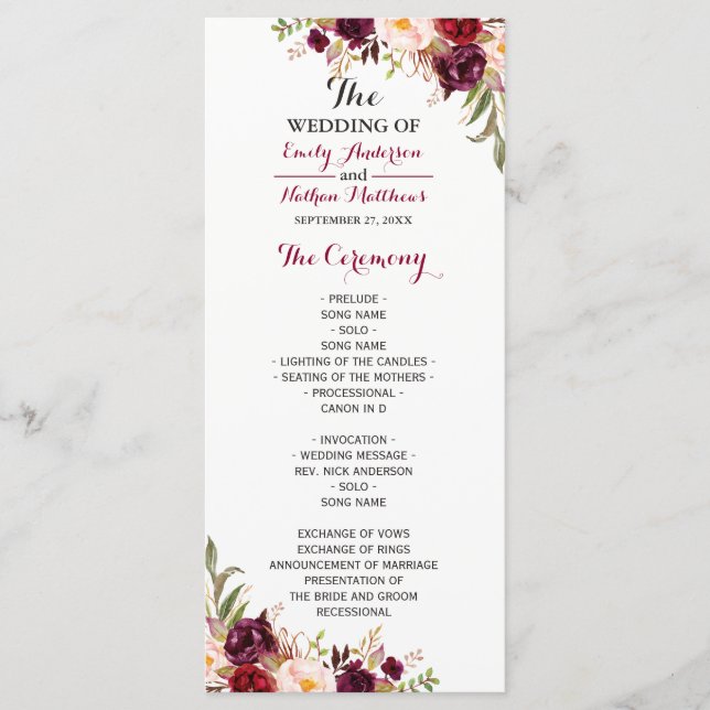Programa de Casamento Floral Vermelho Borgonha (Frente)