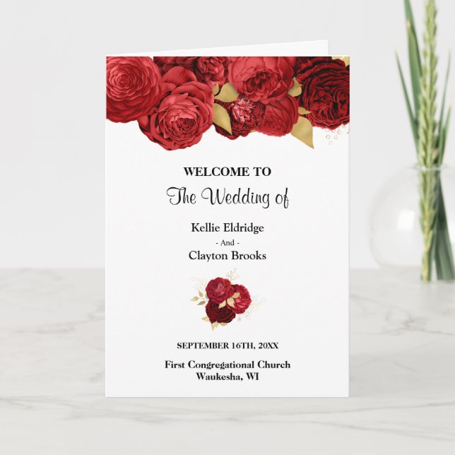 Programa De Casamento Floral Vermelho E Dourado (Frente)