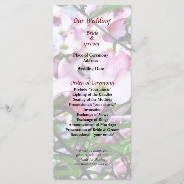 Programa de Casamento Flores de Corniso Rosa (Frente)