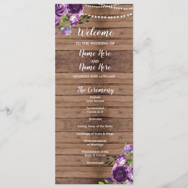 Programa de Casamento Flores Roxas Madeira Floral  (Frente)