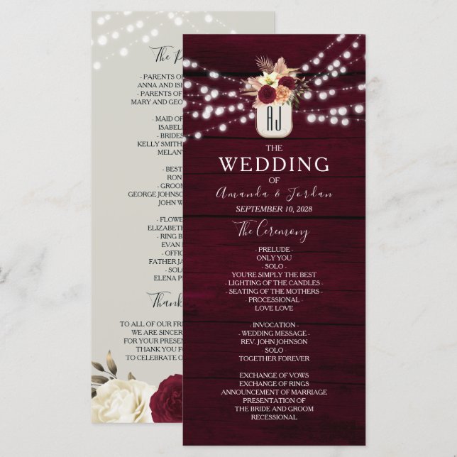 Programa de Casamento Flores Rústicas Borgonha (Frente/Verso)