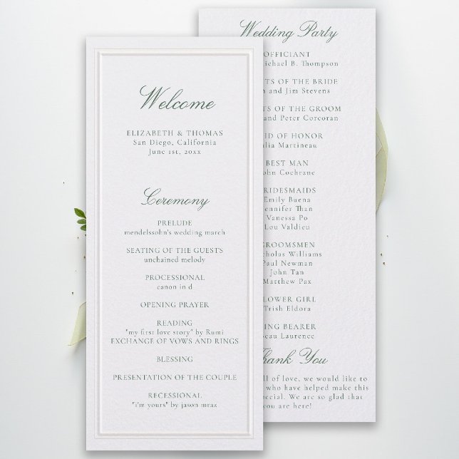 Programa de Casamento Formal Clássico com Moldura  (modern classic wedding program forest green type double frame formal traditional stately pearl)