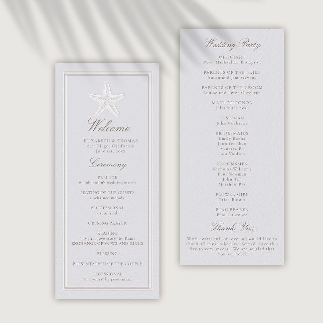 Programa de Casamento Formal Clássico de Starfish (coastal wedding program ceremony schedule modern classic formal traditional frame faux embossed star)